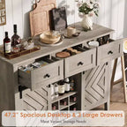 Mobile Buffet Rustico con Ante Scorrevoli in Stile Fienile, Credenza Rustica con 3 Cassetti, Porta Vino Rimovibile, Credenza in Stile Rustico con Ripiano Regolabile