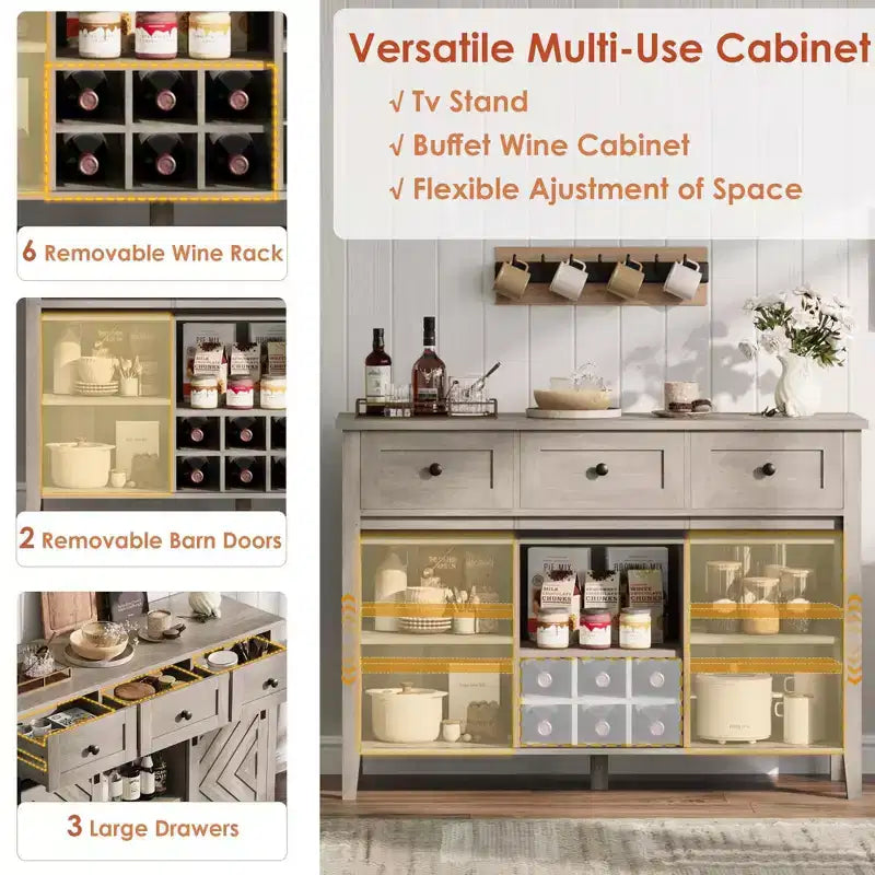 Mobile Buffet Rustico con Ante Scorrevoli in Stile Fienile, Credenza Rustica con 3 Cassetti, Porta Vino Rimovibile, Credenza in Stile Rustico con Ripiano Regolabile