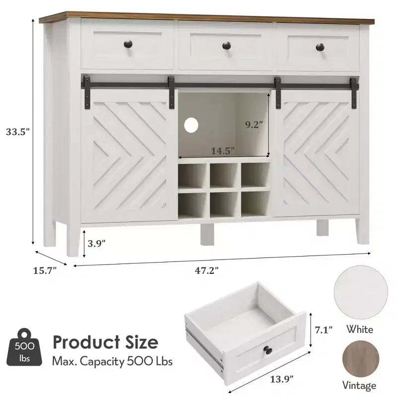 Mobile Buffet Rustico con Ante Scorrevoli in Stile Fienile, Credenza Rustica con 3 Cassetti, Porta Vino Rimovibile, Credenza in Stile Rustico con Ripiano Regolabile