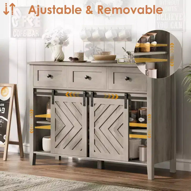 Farmhouse Buffet Cabinet with Sliding Barn Door, Rustic Sideboard with 3 Drawer, Removable Wine Rack, Farmhouse Sideboard with Adjustable Shelf