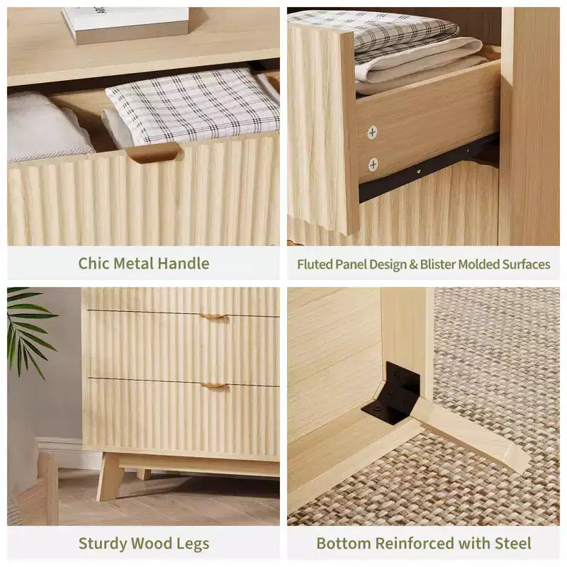 Comò a 4 cassetti, Comò moderni con scanalature per armadio, Cassettiera in legno, Organizzatore cassettiera contenitore