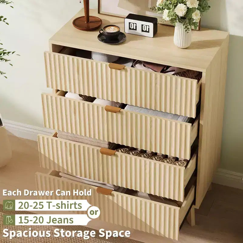 Comò a 4 cassetti, Comò moderni con scanalature per armadio, Cassettiera in legno, Organizzatore cassettiera contenitore