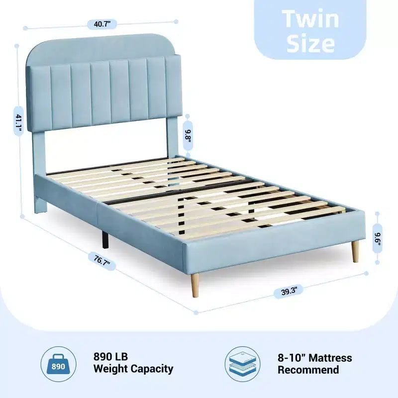 Struttura letto singolo con testiera contenitore, base letto imbottita in velluto per bambini, robuste doghe in legno, silenziosa, azzurra