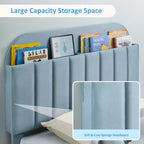 Struttura letto singolo con testiera contenitore, base letto imbottita in velluto per bambini, robuste doghe in legno, silenziosa, azzurra
