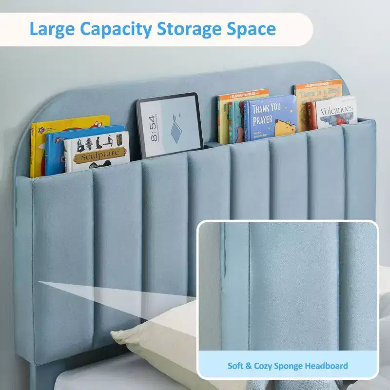 Struttura letto singolo con testiera contenitore, base letto imbottita in velluto per bambini, robuste doghe in legno, silenziosa, azzurra
