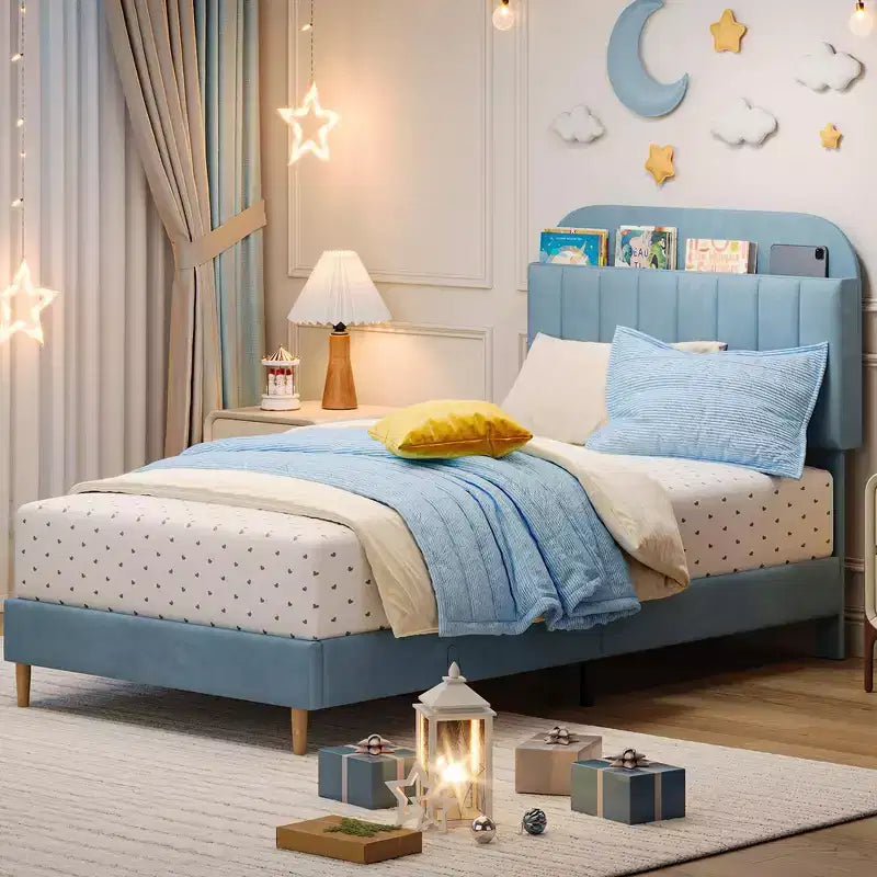Struttura letto singolo con testiera contenitore, base letto imbottita in velluto per bambini, robuste doghe in legno, silenziosa, azzurra