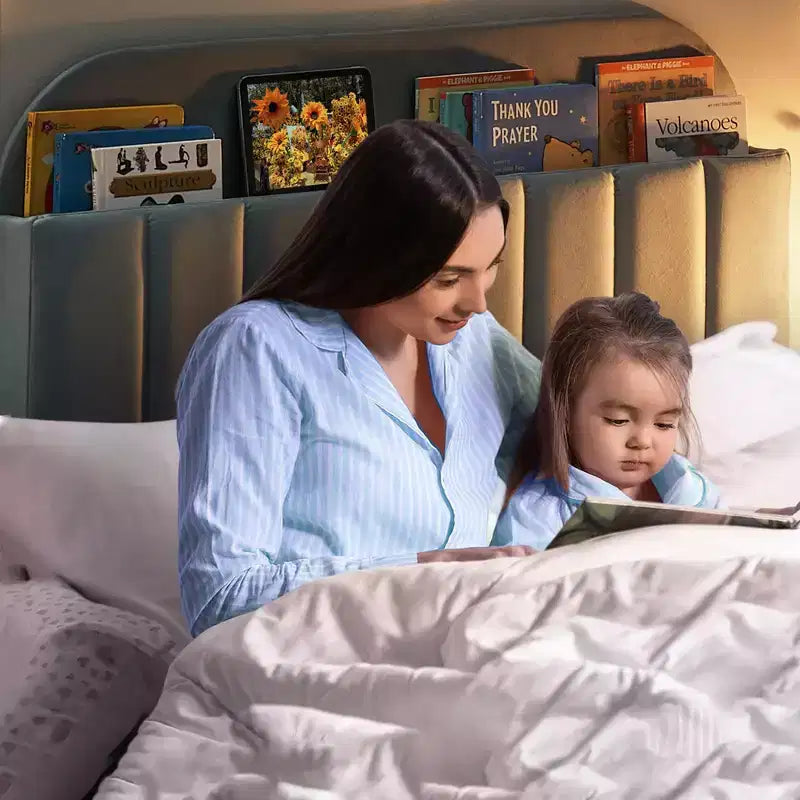 Struttura letto singolo con testiera contenitore, base letto imbottita in velluto per bambini, robuste doghe in legno, silenziosa, azzurra