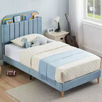 Struttura letto singolo con testiera contenitore, base letto imbottita in velluto per bambini, robuste doghe in legno, silenziosa, azzurra