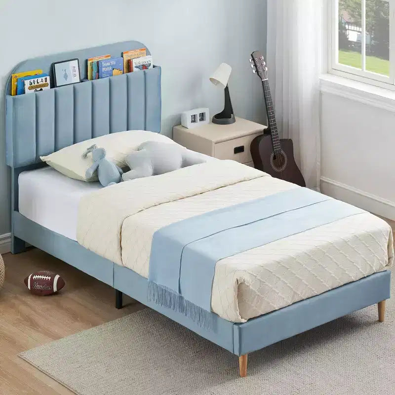 Struttura letto singolo con testiera contenitore, base letto imbottita in velluto per bambini, robuste doghe in legno, silenziosa, azzurra