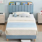 Struttura letto singolo con testiera contenitore, base letto imbottita in velluto per bambini, robuste doghe in legno, silenziosa, azzurra