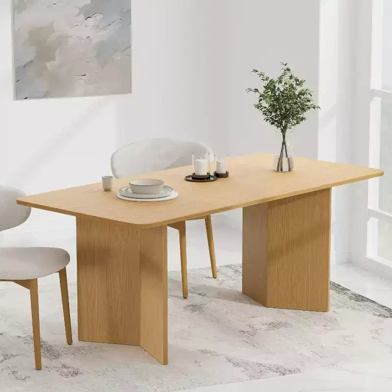67 Ampio tavolo da pranzo rettangolare giallo per 4-6 persone con gambe a V per sala da pranzo e soggiorno