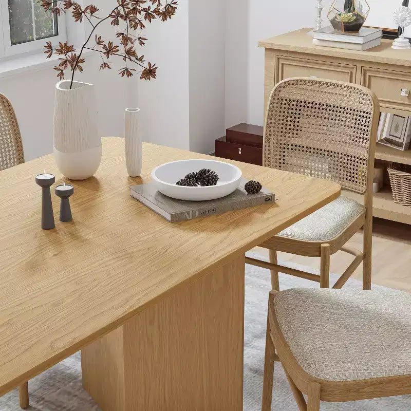 67 Ampio tavolo da pranzo rettangolare giallo per 4-6 persone con gambe a V per sala da pranzo e soggiorno