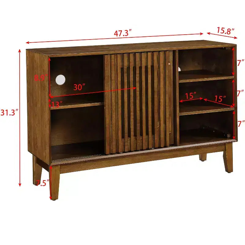 Mobile Credenza Mid-Century Modern Okak con Scanalature e Ripiani Regolabili, Credenza Bar in Legno Massello per Cucina, Sala da Pranzo/Soggiorno