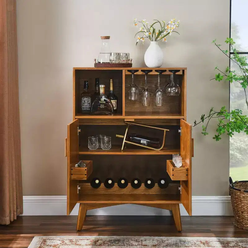 Mobile Credenza Mid-Century Modern Okak con Scanalature e Ripiani Regolabili, Credenza Bar in Legno Massello per Cucina, Sala da Pranzo/Soggiorno