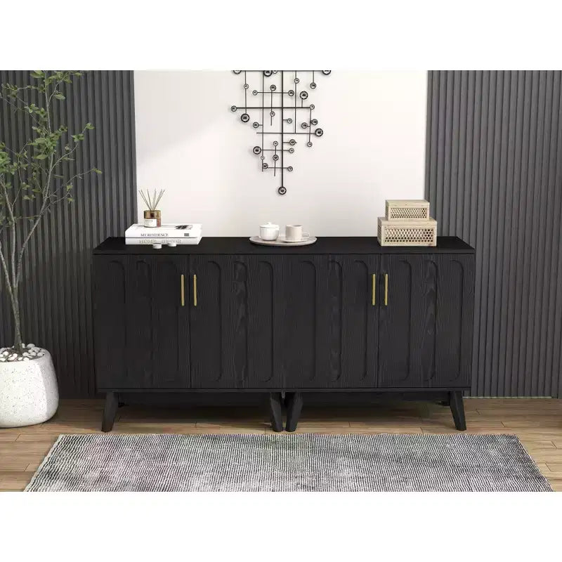 Mobile Credenza Mid-Century Modern Okak con Scanalature e Ripiani Regolabili, Credenza Bar in Legno Massello per Cucina, Sala da Pranzo/Soggiorno