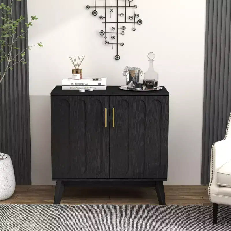 Mobile Credenza Mid-Century Modern Okak con Scanalature e Ripiani Regolabili, Credenza Bar in Legno Massello per Cucina, Sala da Pranzo/Soggiorno