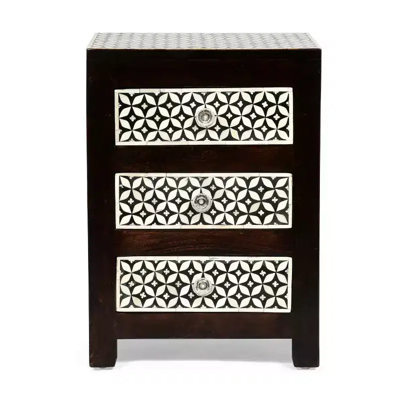 Comodino GDFStudio Kuna Boho fatto a mano in legno di mango con 3 cassetti