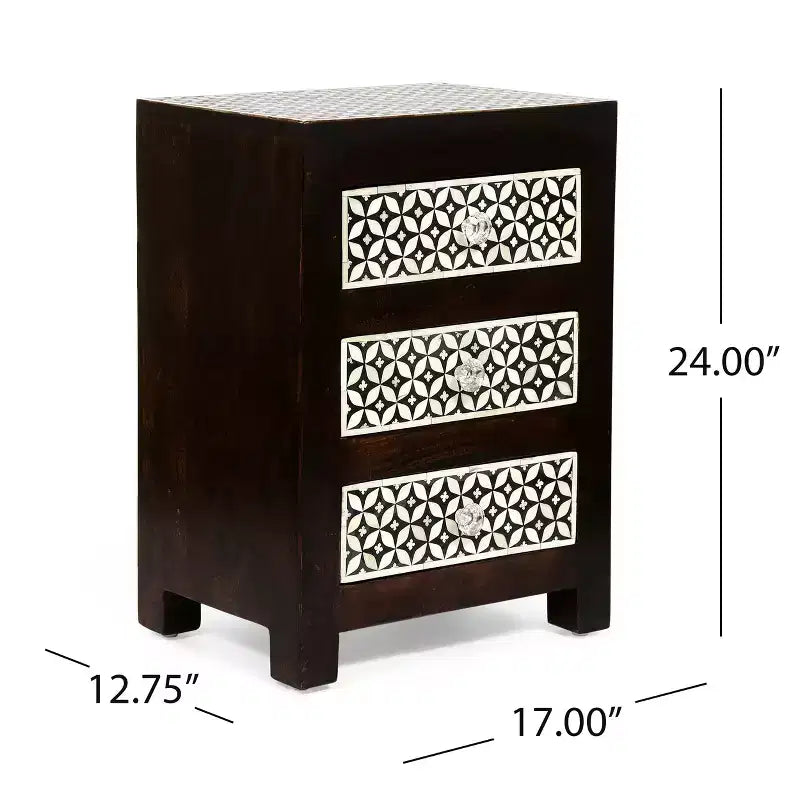 Comodino GDFStudio Kuna Boho fatto a mano in legno di mango con 3 cassetti