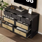 Mobile credenza a 7 cassetti, in rattan nero, credenza in legno con spazio contenitivo per soggiorno, ingresso, organizer moderno