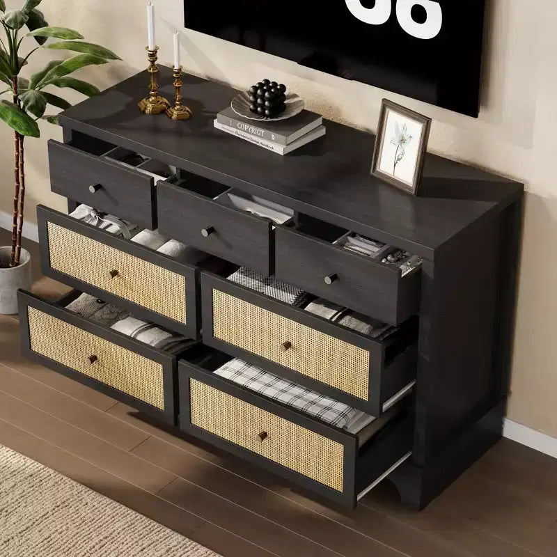 Mobile credenza a 7 cassetti, in rattan nero, credenza in legno con spazio contenitivo per soggiorno, ingresso, organizer moderno