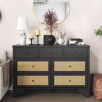 Mobile credenza a 7 cassetti, in rattan nero, credenza in legno con spazio contenitivo per soggiorno, ingresso, organizer moderno