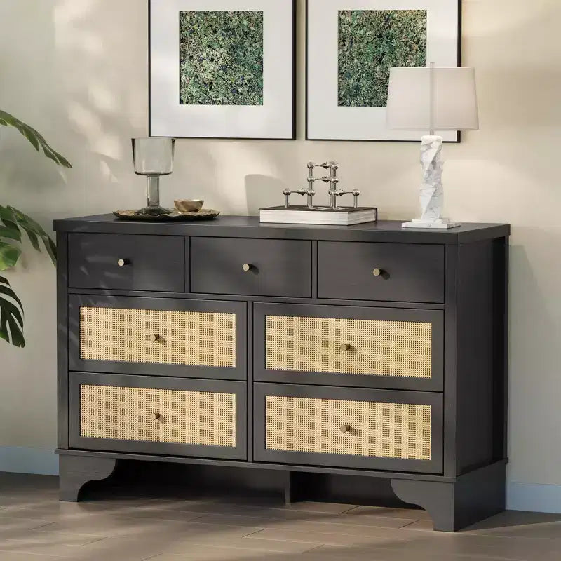 Mobile credenza a 7 cassetti, in rattan nero, credenza in legno con spazio contenitivo per soggiorno, ingresso, organizer moderno