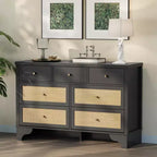 Mobile credenza a 7 cassetti, in rattan nero, credenza in legno con spazio contenitivo per soggiorno, ingresso, organizer moderno