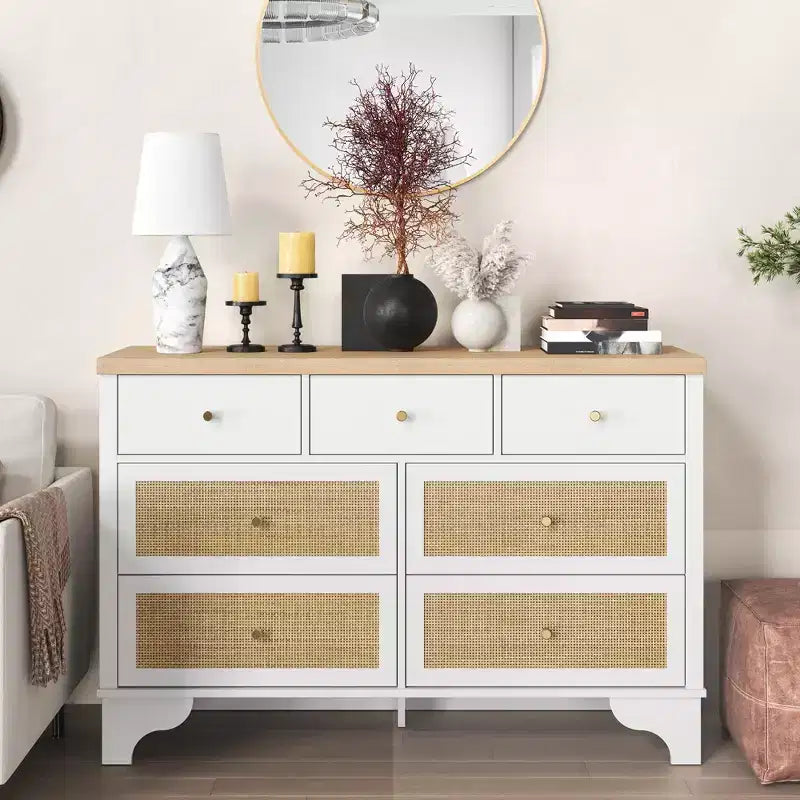 Mobile credenza a 7 cassetti, in rattan nero, credenza in legno con spazio contenitivo per soggiorno, ingresso, organizer moderno
