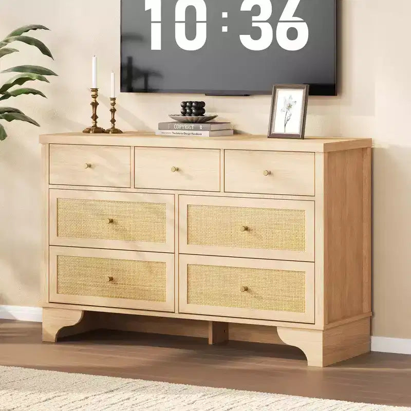 Mobile credenza a 7 cassetti, in rattan nero, credenza in legno con spazio contenitivo per soggiorno, ingresso, organizer moderno