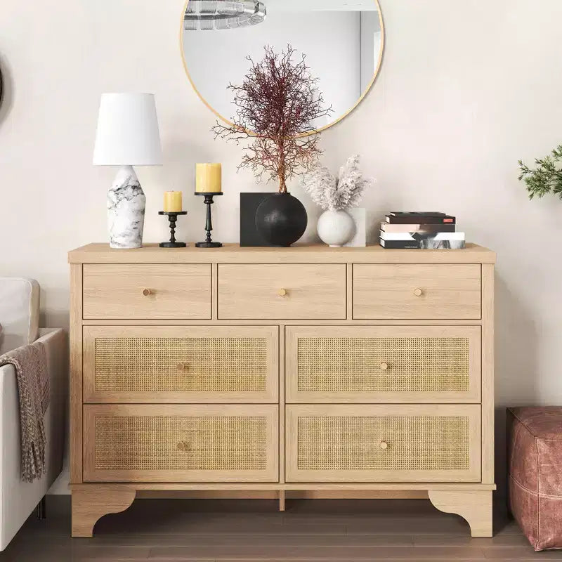 Mobile credenza a 7 cassetti, in rattan nero, credenza in legno con spazio contenitivo per soggiorno, ingresso, organizer moderno