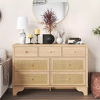 Mobile credenza a 7 cassetti, in rattan nero, credenza in legno con spazio contenitivo per soggiorno, ingresso, organizer moderno