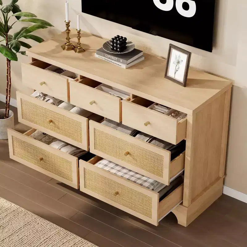 Mobile credenza a 7 cassetti, in rattan nero, credenza in legno con spazio contenitivo per soggiorno, ingresso, organizer moderno