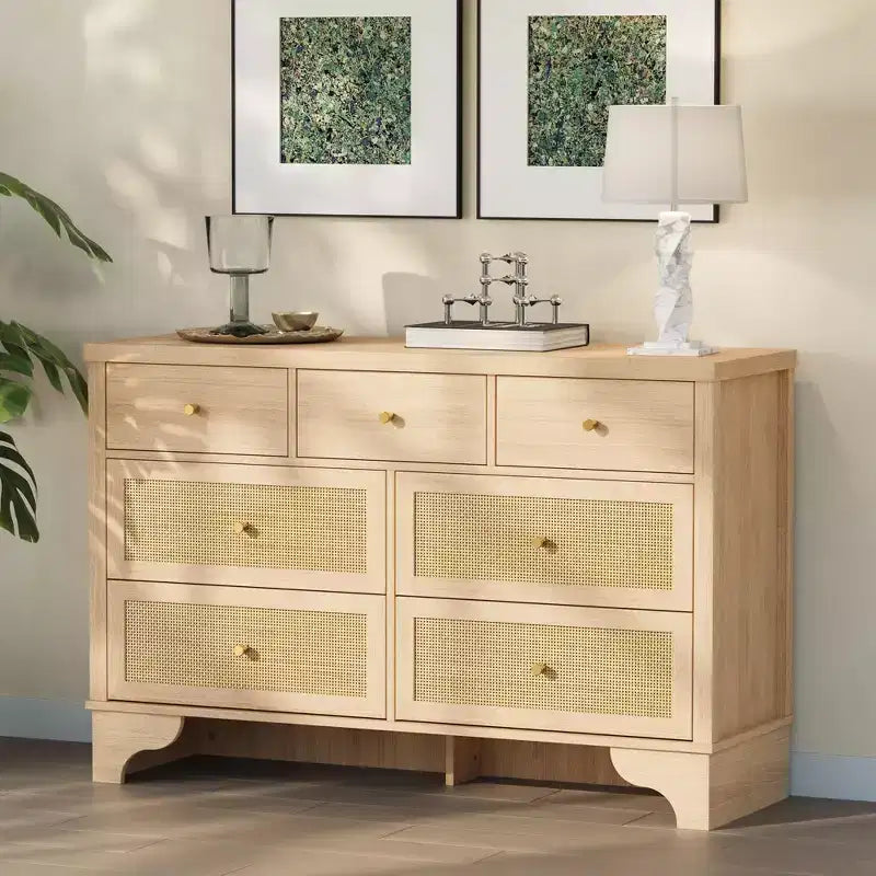 Mobile credenza a 7 cassetti, in rattan nero, credenza in legno con spazio contenitivo per soggiorno, ingresso, organizer moderno