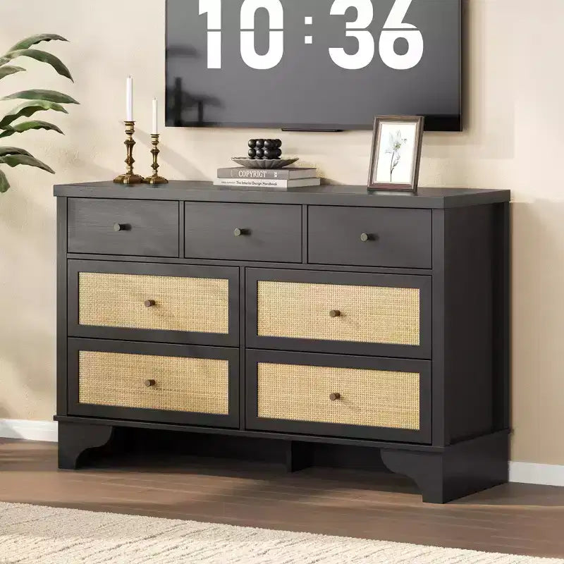 Mobile credenza a 7 cassetti, in rattan nero, credenza in legno con spazio contenitivo per soggiorno, ingresso, organizer moderno