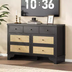 Mobile credenza a 7 cassetti, in rattan nero, credenza in legno con spazio contenitivo per soggiorno, ingresso, organizer moderno