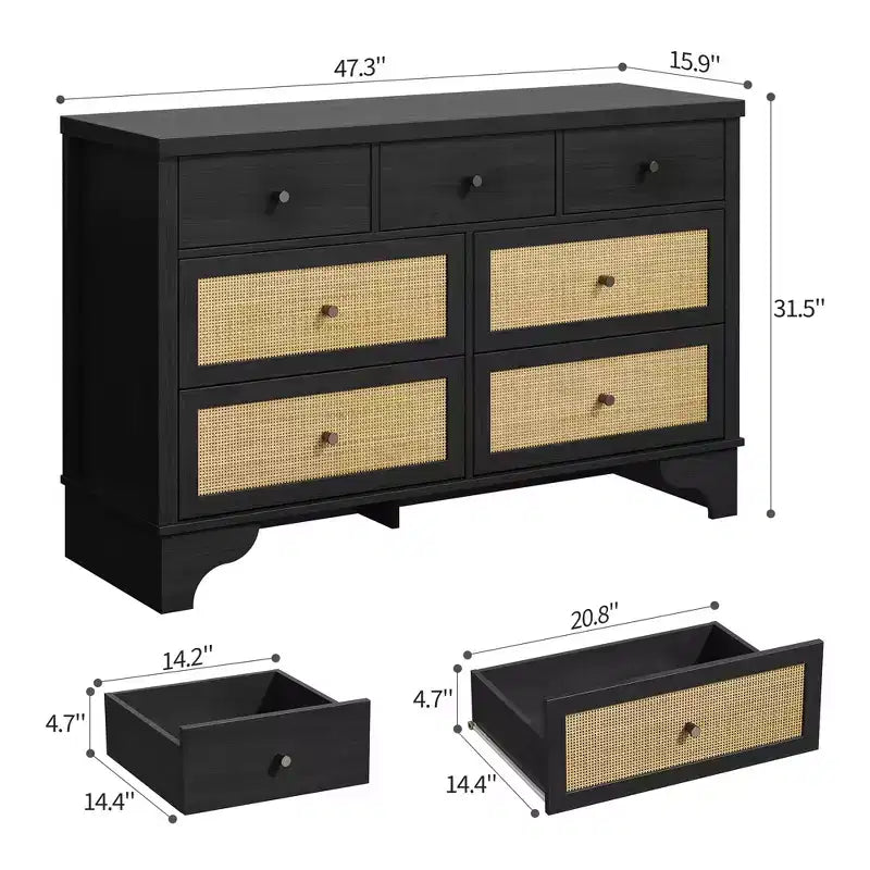 Mobile credenza a 7 cassetti, in rattan nero, credenza in legno con spazio contenitivo per soggiorno, ingresso, organizer moderno