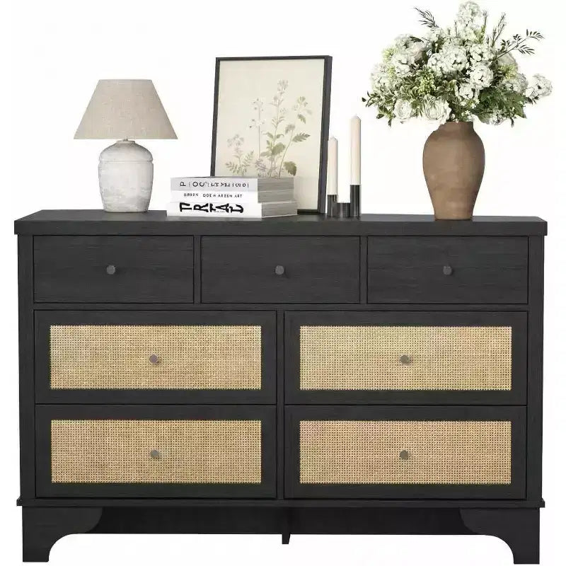 Mobile credenza a 7 cassetti, in rattan nero, credenza in legno con spazio contenitivo per soggiorno, ingresso, organizer moderno