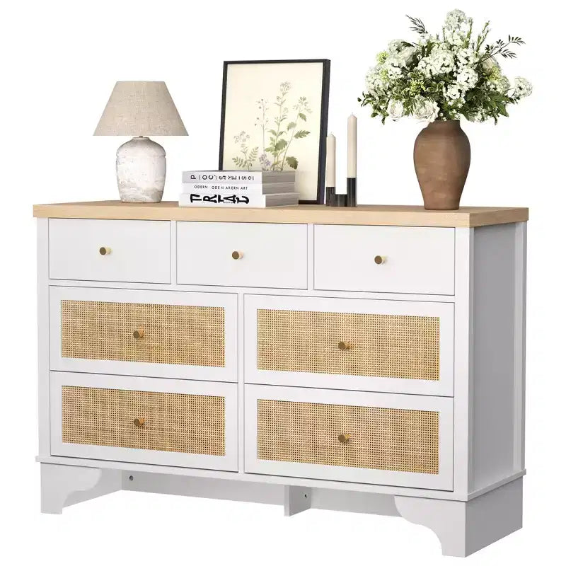 Mobile credenza a 7 cassetti, in rattan nero, credenza in legno con spazio contenitivo per soggiorno, ingresso, organizer moderno