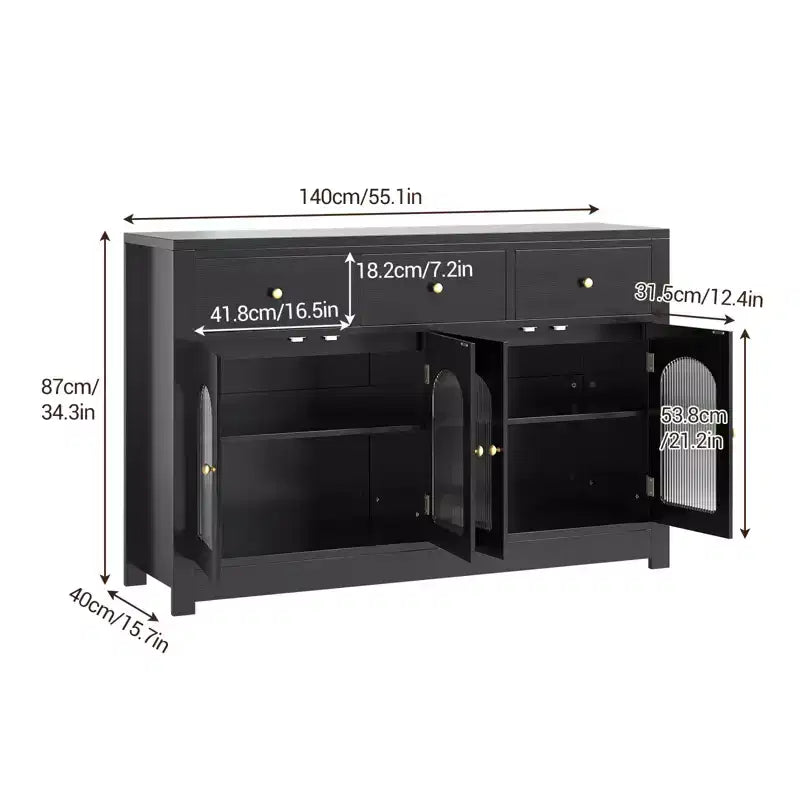 CuisinSmart Mobile Buffet Grande con 4 Ante e 3 Cassetti, Vetrinetta da Cucina con Ripiano Regolabile, Credenza Portabottiglie