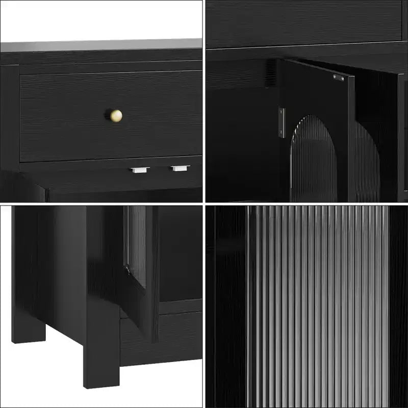 CuisinSmart Mobile Buffet Grande con 4 Ante e 3 Cassetti, Vetrinetta da Cucina con Ripiano Regolabile, Credenza Portabottiglie