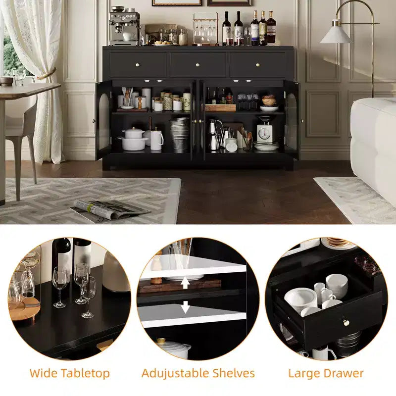 CuisinSmart Mobile Buffet Grande con 4 Ante e 3 Cassetti, Vetrinetta da Cucina con Ripiano Regolabile, Credenza Portabottiglie