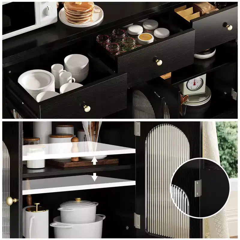 CuisinSmart Mobile Buffet Grande con 4 Ante e 3 Cassetti, Vetrinetta da Cucina con Ripiano Regolabile, Credenza Portabottiglie