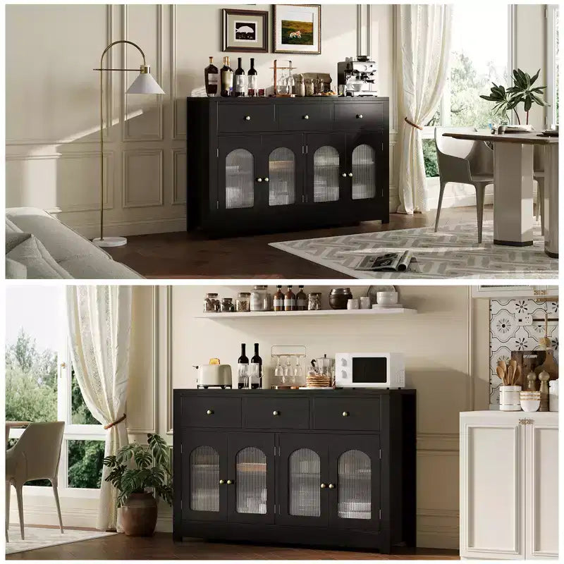 CuisinSmart Mobile Buffet Grande con 4 Ante e 3 Cassetti, Vetrinetta da Cucina con Ripiano Regolabile, Credenza Portabottiglie