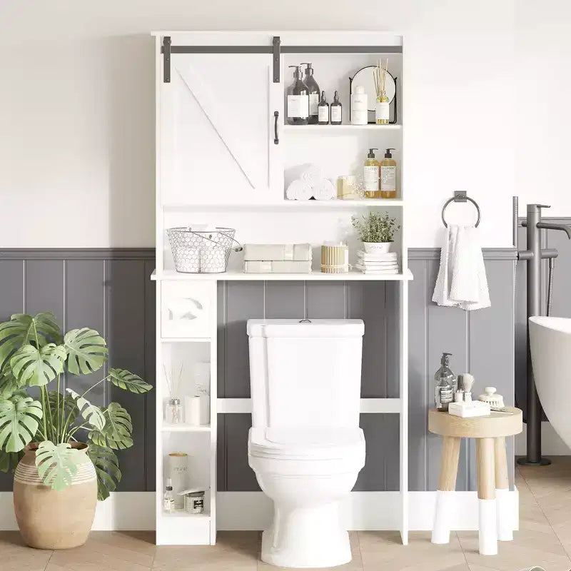 Mobiletto salvaspazio sopra il WC, Armadietto alto sopra il WC con 2 ante scorrevoli a fienile e supporto per carta igienica, Scaffale salvaspazio per WC