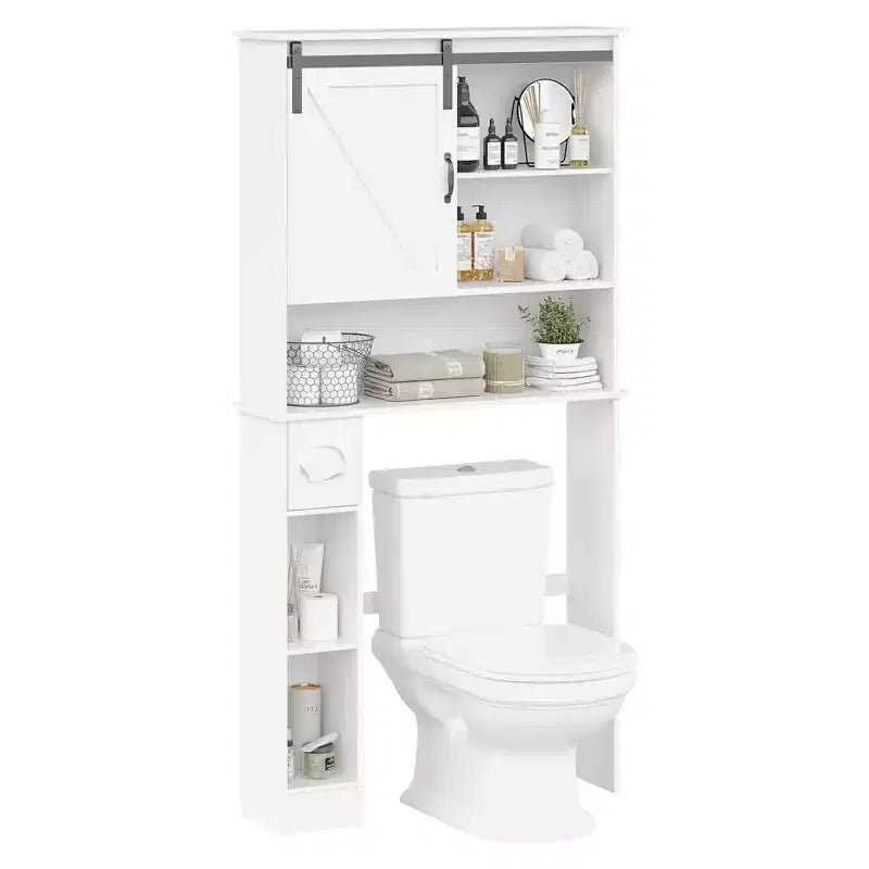 Mobiletto salvaspazio sopra il WC, Armadietto alto sopra il WC con 2 ante scorrevoli a fienile e supporto per carta igienica, Scaffale salvaspazio per WC