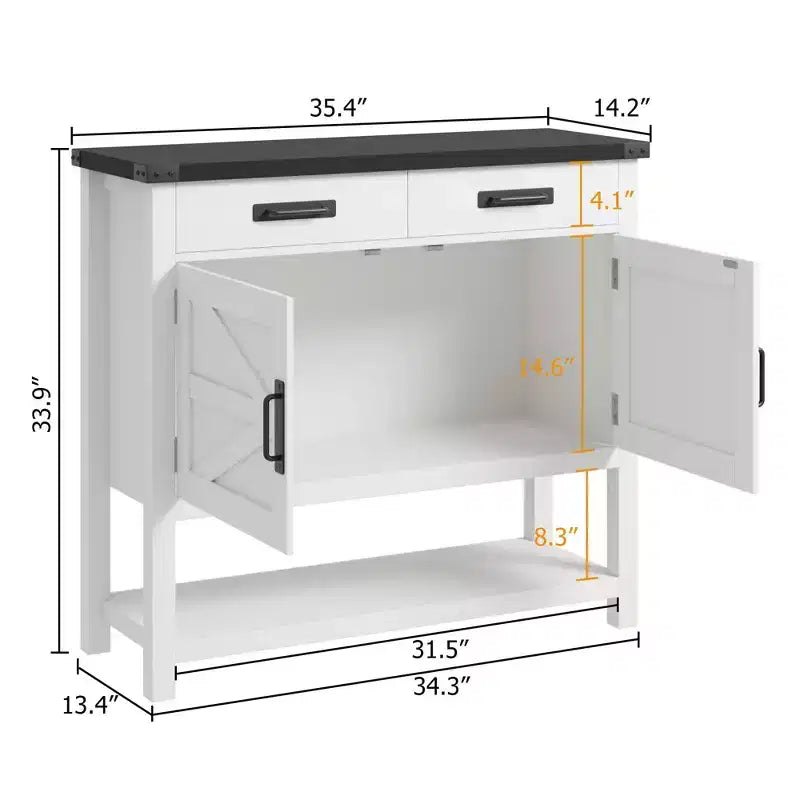 Mobiletto Contenitore da Ingresso - 2 Ante e 2 Cassetti in Legno Massello, Tavolino da Caffè Multifunzionale, Consolle per Divano, Soggiorno, Corridoio (Bianco)