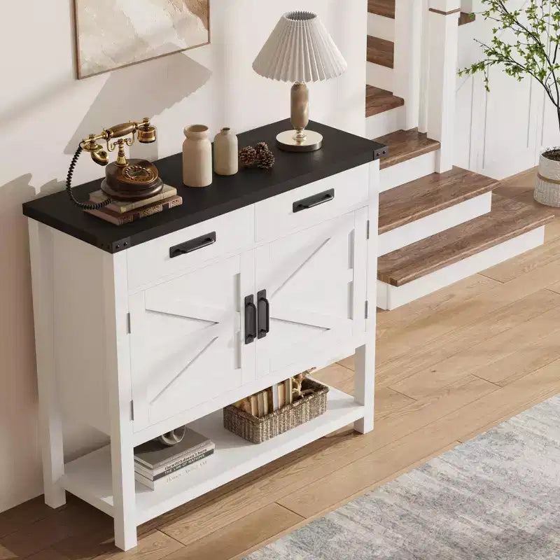 Mobiletto Contenitore da Ingresso - 2 Ante e 2 Cassetti in Legno Massello, Tavolino da Caffè Multifunzionale, Consolle per Divano, Soggiorno, Corridoio (Bianco)