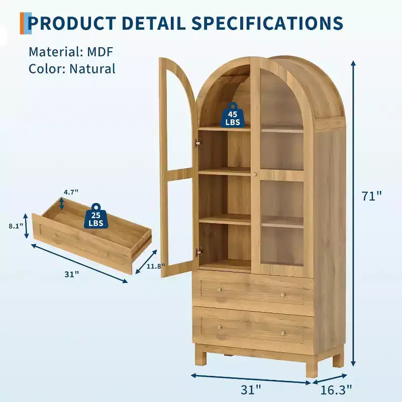 Dispensa Alta ad Arco da 71" con Ante in Acrilico, Armadio Moderno in Legno con 2 Cassetti e Ripiani Regolabili, Credenza Versatile per Cucina