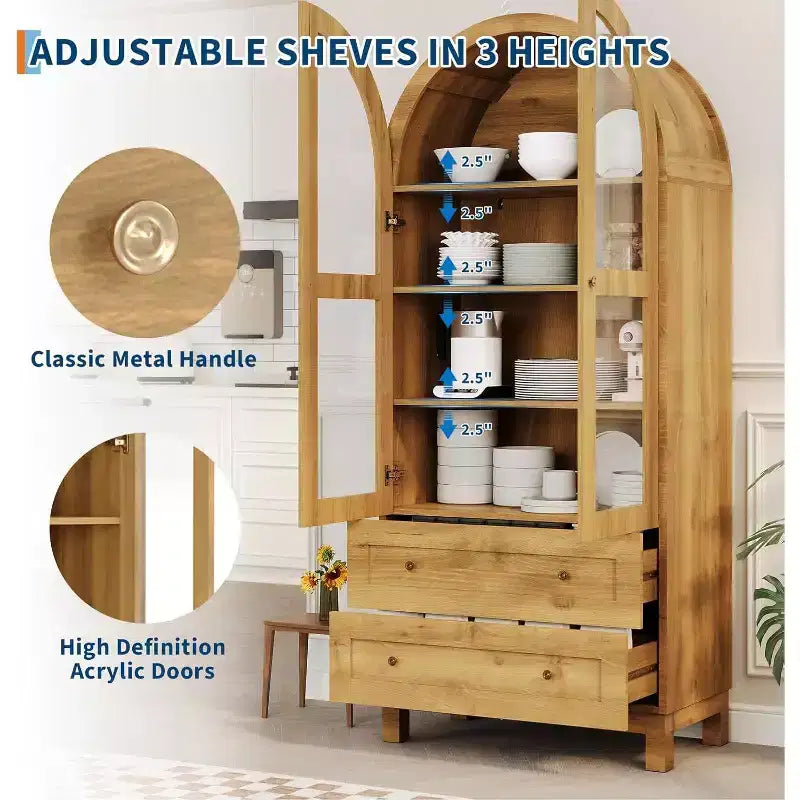 Dispensa Alta ad Arco da 71" con Ante in Acrilico, Armadio Moderno in Legno con 2 Cassetti e Ripiani Regolabili, Credenza Versatile per Cucina