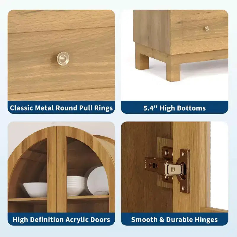 Dispensa Alta ad Arco da 71" con Ante in Acrilico, Armadio Moderno in Legno con 2 Cassetti e Ripiani Regolabili, Credenza Versatile per Cucina